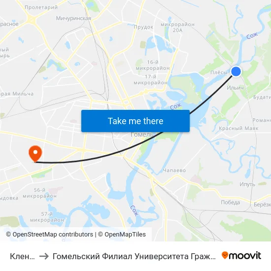 Кленки￼ to Гомельский Филиал Университета Гражданской Защиты Мчс map