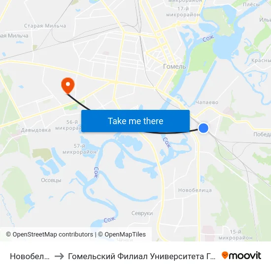 Новобелицкая￼ to Гомельский Филиал Университета Гражданской Защиты Мчс map