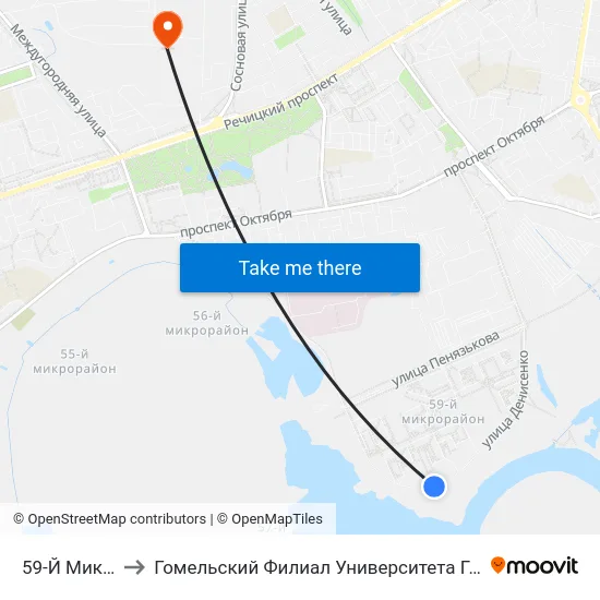 59-Й Микрорайон to Гомельский Филиал Университета Гражданской Защиты Мчс map