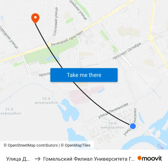 Улица Денисенко to Гомельский Филиал Университета Гражданской Защиты Мчс map