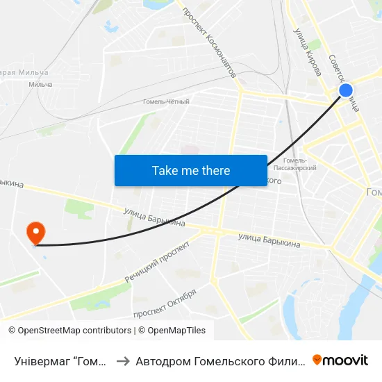 Універмаг “Гомель” (Универмаг «Гомель») to Автодром Гомельского Филиала Университета Гражданской Защиты Мчс map