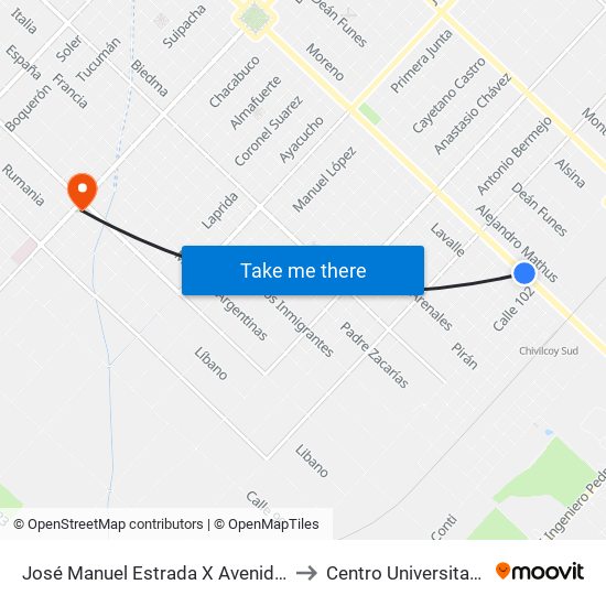 José Manuel Estrada X Avenida Bartolomé Mitre to Centro Universitario Chivilcoy map