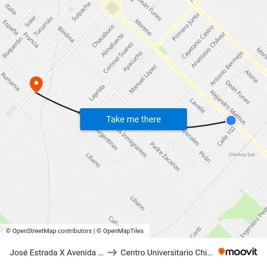 José Estrada X Avenida Mitre to Centro Universitario Chivilcoy map