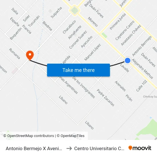 Antonio Bermejo X Avenida Mitre to Centro Universitario Chivilcoy map