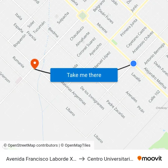 Avenida Francisco Laborde X Avenida Mitre to Centro Universitario Chivilcoy map