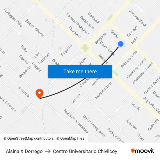 Alsina X Dorrego to Centro Universitario Chivilcoy map