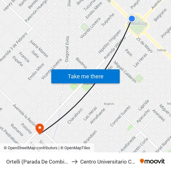 Ortelli (Parada De Combinación) to Centro Universitario Chivilcoy map