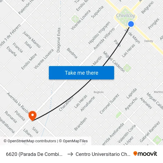 6620 (Parada De Combinación) to Centro Universitario Chivilcoy map