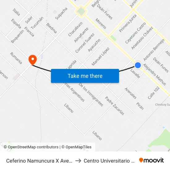 Ceferino Namuncura X Avenida Mitre to Centro Universitario Chivilcoy map