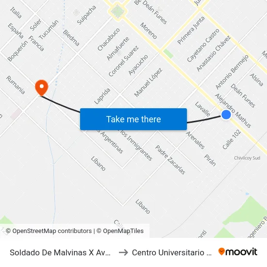 Soldado De Malvinas X Avenida Mitre to Centro Universitario Chivilcoy map