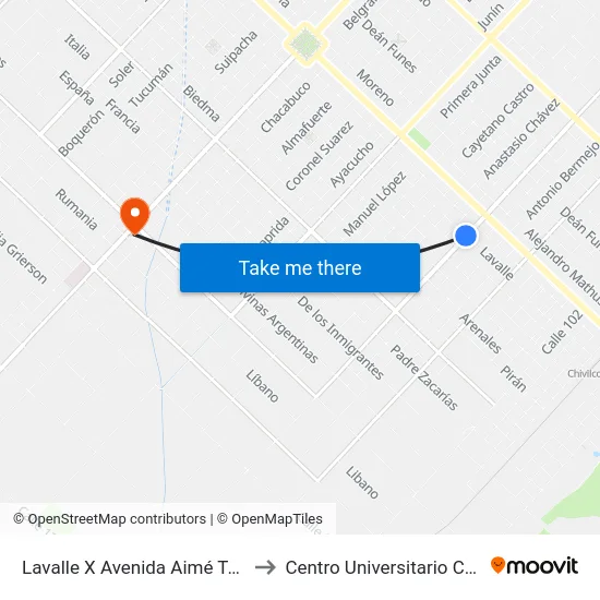 Lavalle X Avenida Aimé Tschiffely to Centro Universitario Chivilcoy map