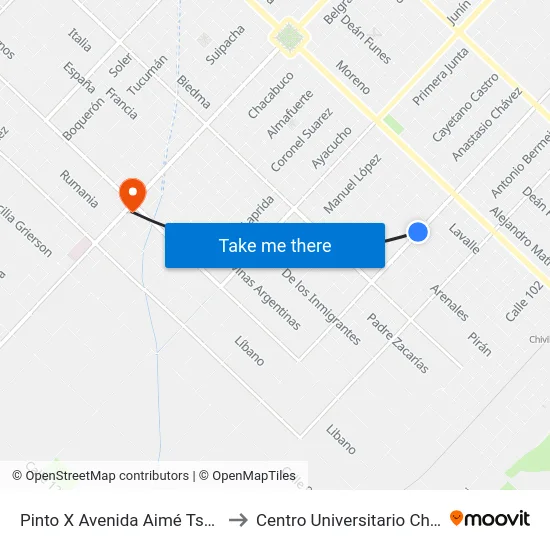 Pinto X Avenida Aimé Tschiffely to Centro Universitario Chivilcoy map