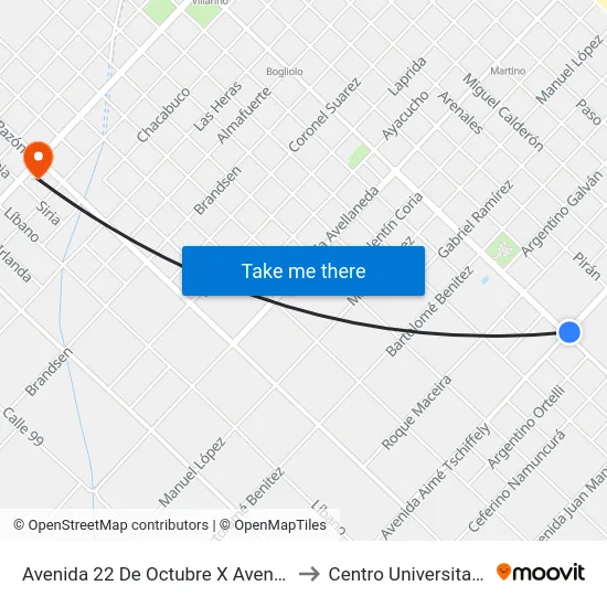 Avenida 22 De Octubre X Avenida Aimé Tschiffely to Centro Universitario Chivilcoy map