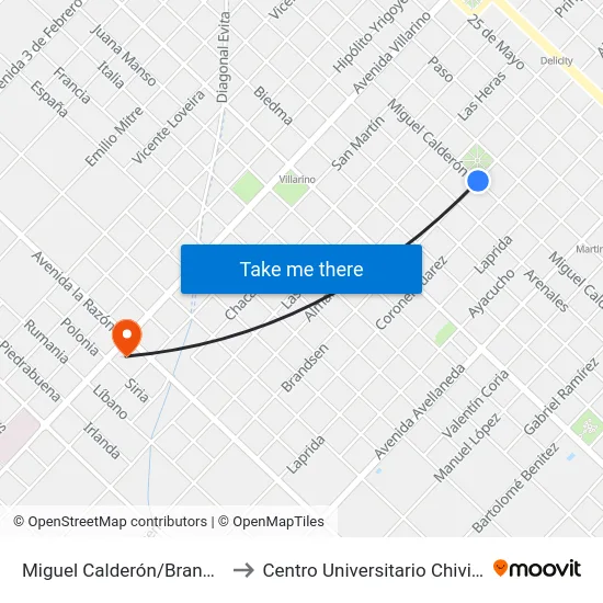 Miguel Calderón/Brandsen to Centro Universitario Chivilcoy map
