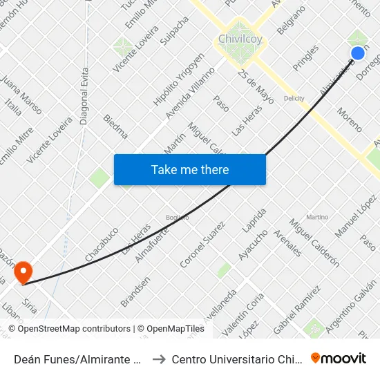 Deán Funes/Almirante Brown to Centro Universitario Chivilcoy map
