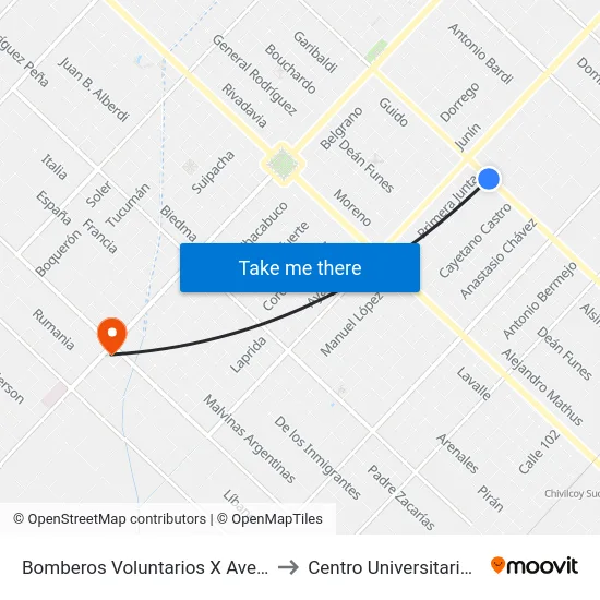 Bomberos Voluntarios X Avenida Güemes to Centro Universitario Chivilcoy map
