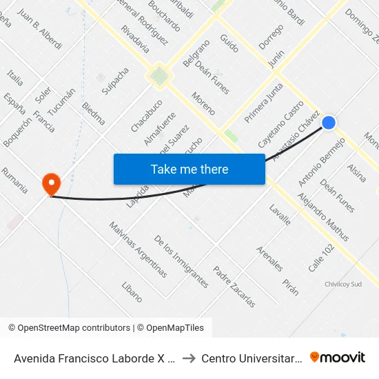 Avenida Francisco Laborde X Avenida Güemes to Centro Universitario Chivilcoy map