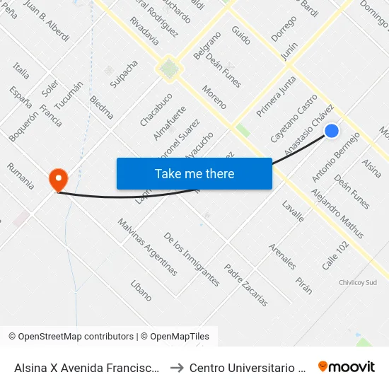 Alsina X Avenida Francisco Laborde to Centro Universitario Chivilcoy map