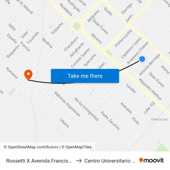 Rossetti X Avenida Francisco Laborde to Centro Universitario Chivilcoy map