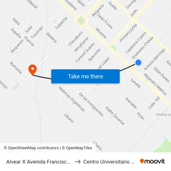 Alvear X Avenida Francisco Laborde to Centro Universitario Chivilcoy map