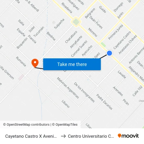 Cayetano Castro X Avenida Mitre to Centro Universitario Chivilcoy map