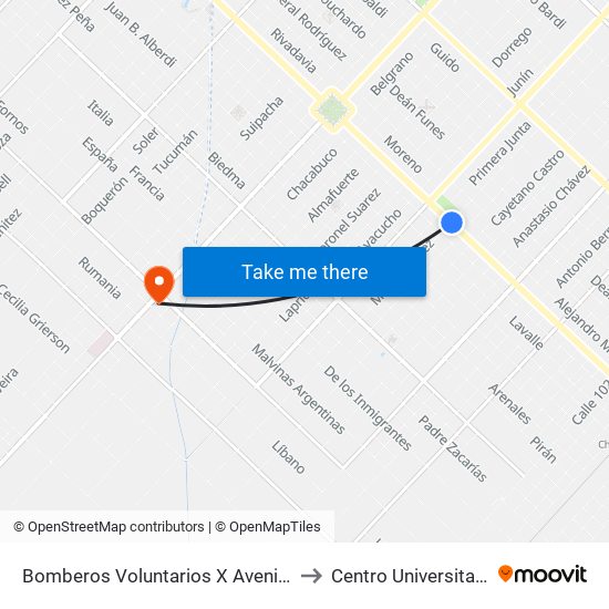 Bomberos Voluntarios X Avenida Bartolomé Mitre to Centro Universitario Chivilcoy map