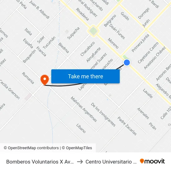 Bomberos Voluntarios X Avenida Mitre to Centro Universitario Chivilcoy map