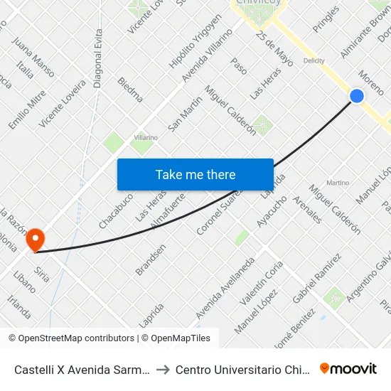 Castelli X Avenida Sarmiento to Centro Universitario Chivilcoy map