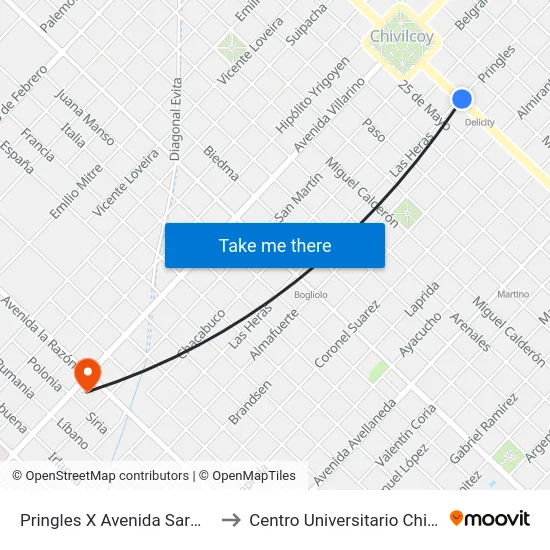 Pringles X Avenida Sarmiento to Centro Universitario Chivilcoy map