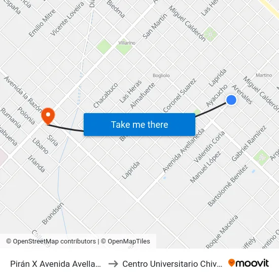 Pirán X Avenida Avellaneda to Centro Universitario Chivilcoy map