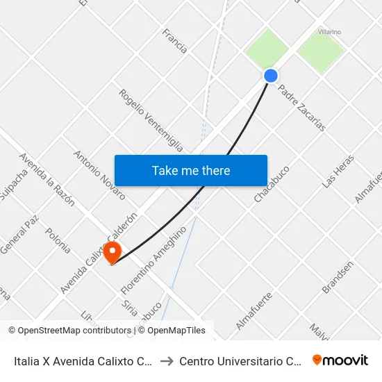 Italia X Avenida Calixto Calderón to Centro Universitario Chivilcoy map