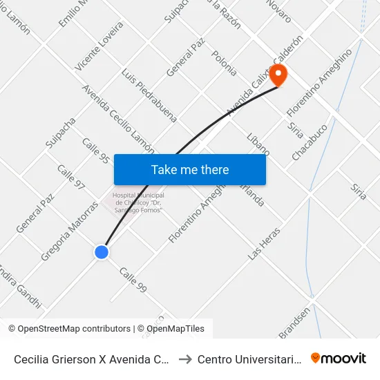 Cecilia Grierson X Avenida Calixto Calderón to Centro Universitario Chivilcoy map