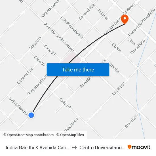 Indira Gandhi X Avenida Calixto Calderón to Centro Universitario Chivilcoy map