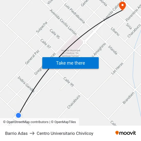 Barrio Adas to Centro Universitario Chivilcoy map