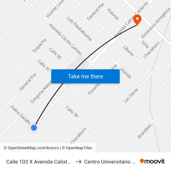 Calle 103 X Avenida Calixto Calderón to Centro Universitario Chivilcoy map