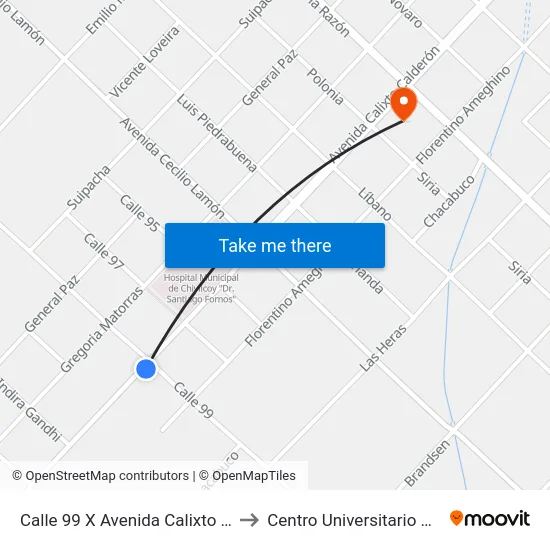 Calle 99 X Avenida Calixto Calderón to Centro Universitario Chivilcoy map