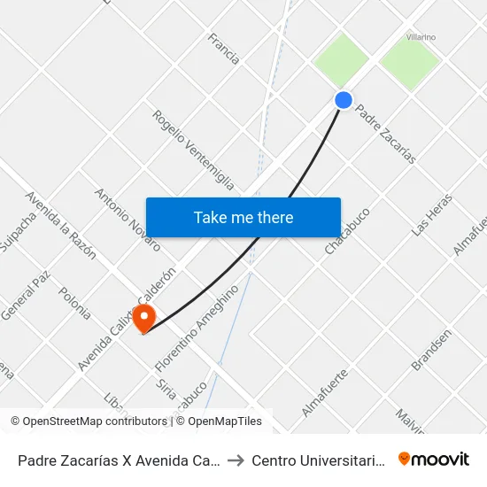Padre Zacarías X Avenida Calixto Calderón to Centro Universitario Chivilcoy map