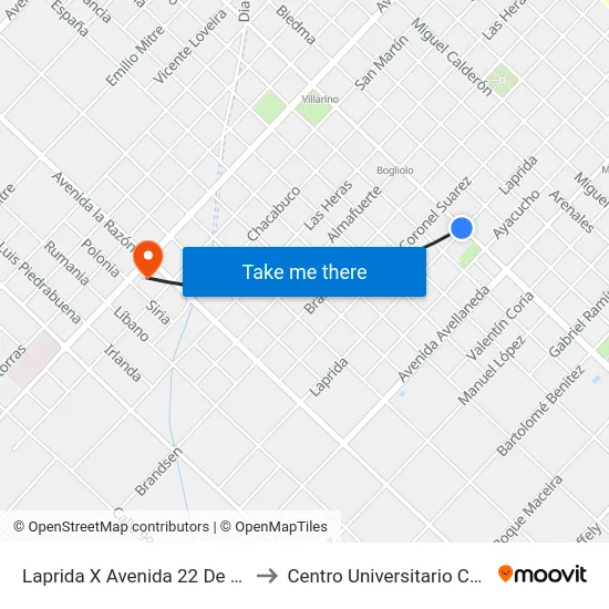 Laprida X Avenida 22 De Octubre to Centro Universitario Chivilcoy map