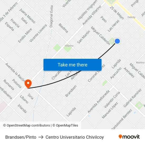 Brandsen/Pinto to Centro Universitario Chivilcoy map