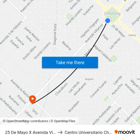 25 De Mayo X Avenida Villarino to Centro Universitario Chivilcoy map