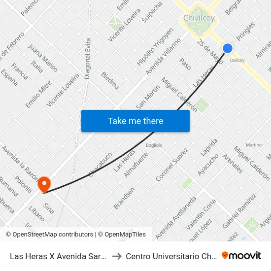 Las Heras X Avenida Sarmiento to Centro Universitario Chivilcoy map