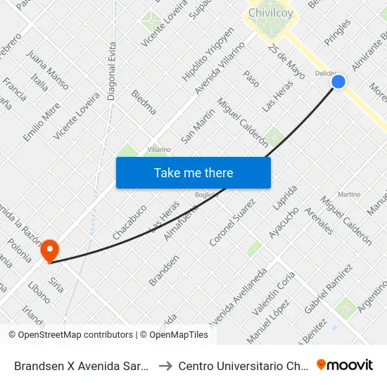 Brandsen X Avenida Sarmiento to Centro Universitario Chivilcoy map