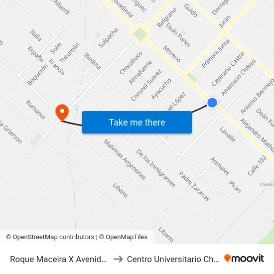 Roque Maceira X Avenida Mitre to Centro Universitario Chivilcoy map