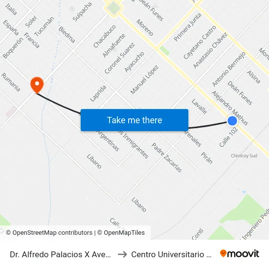 Dr. Alfredo Palacios X Avenida Mitre to Centro Universitario Chivilcoy map