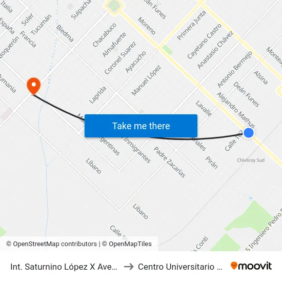 Int. Saturnino López X Avenida Mitre to Centro Universitario Chivilcoy map