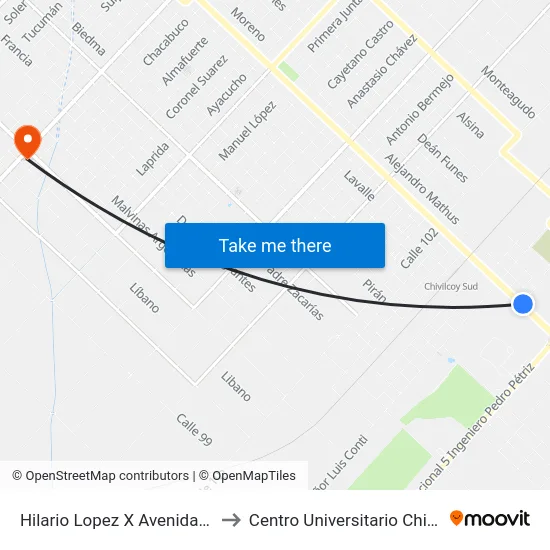 Hilario Lopez X Avenida Mitre to Centro Universitario Chivilcoy map
