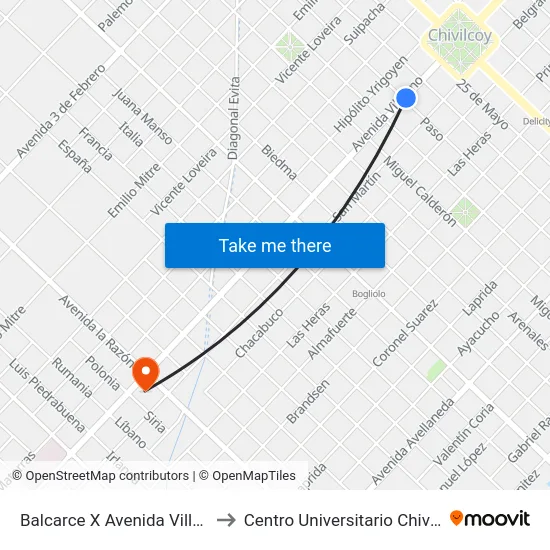Balcarce X Avenida Villarino to Centro Universitario Chivilcoy map