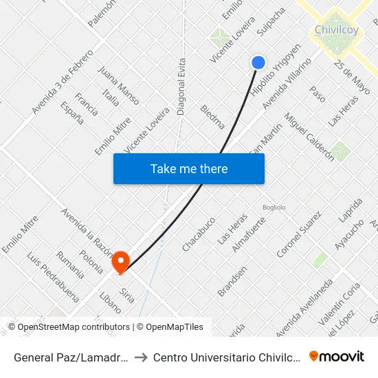General Paz/Lamadrid to Centro Universitario Chivilcoy map