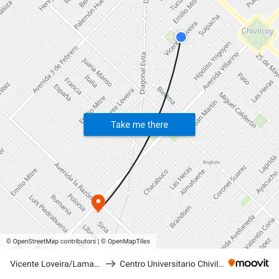 Vicente Loveira/Lamadrid to Centro Universitario Chivilcoy map
