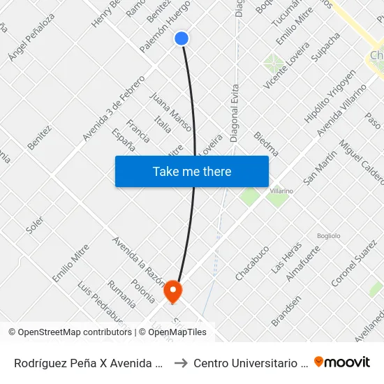 Rodríguez Peña X Avenida 3 De Febrero to Centro Universitario Chivilcoy map